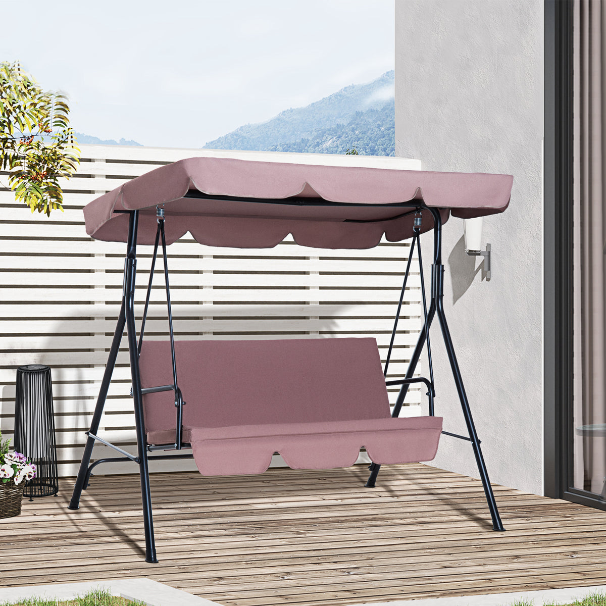 Baloiço de Jardim de 3 Lugares Baloiço com Teto Ajustável em Ângulo para Terraço Balcão Carga Máxima 200kg Aço 172x110x153cm Marrom — foto 2