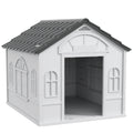 Casa para Cães 84,2x98,2x82 cm Casa para Cães com Janelas e Teto com Imitação de Telhas Casota para Cães Cinza — foto 1