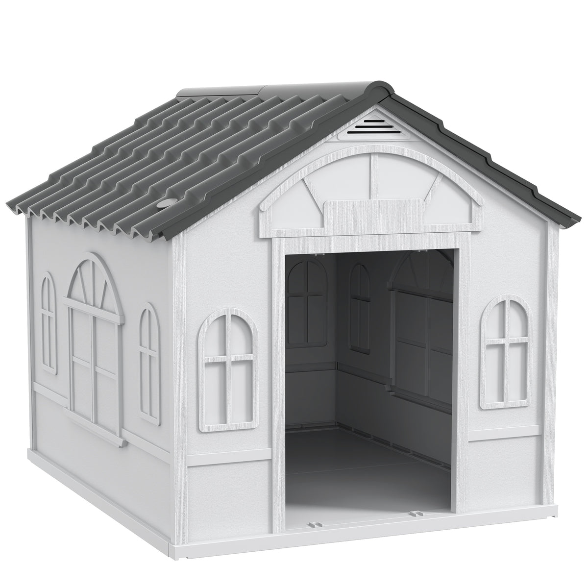 Casa para Cães 84,2x98,2x82 cm Casa para Cães com Janelas e Teto com Imitação de Telhas Casota para Cães Cinza — foto 1