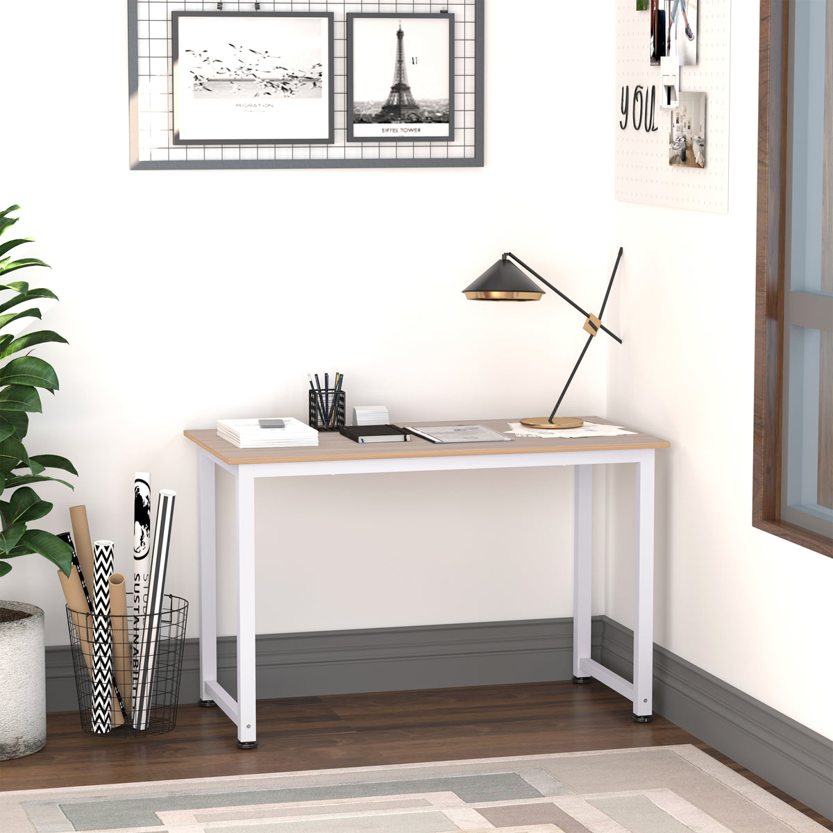 Secretária Moderna Mesa de Estudo com Estrutura de Aço e Pés Ajustáveis Mesa de Computador para Escritório Casa 120x60x76 cm Branco e Madeira — foto 2