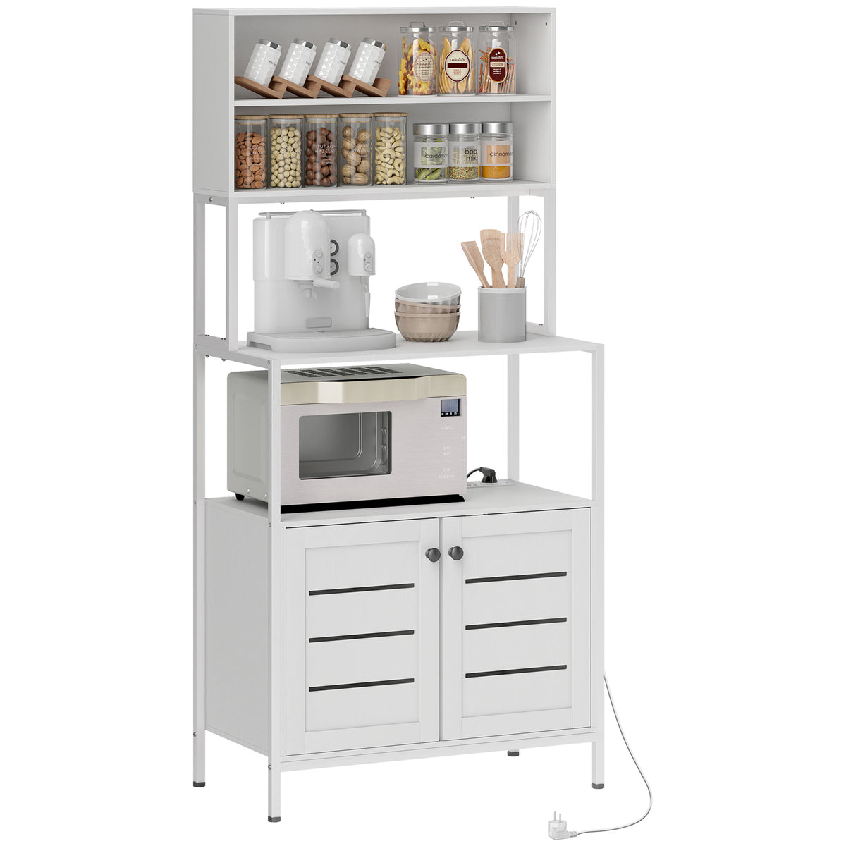 Armário de Cozinha com Tomada de Corrente Suporte para Micro-Ondas Estante de Cozinha com 2 Portas 2 Entradas USB e Compartimentos para Sala de Jantar Sala 80x42x171 cm Branco — foto 1