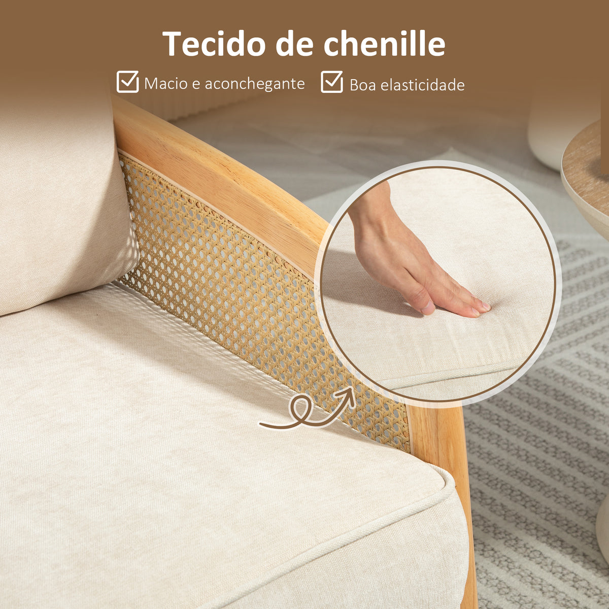 Poltrona Sala de Estar Moderna Poltrona Dormitório com Apoio para os Braços em Vime e Pés de Madeira Sofá Individual Carga 120 kg para Escritório Sala de Estar 67x75x88 cm Bege — foto 5