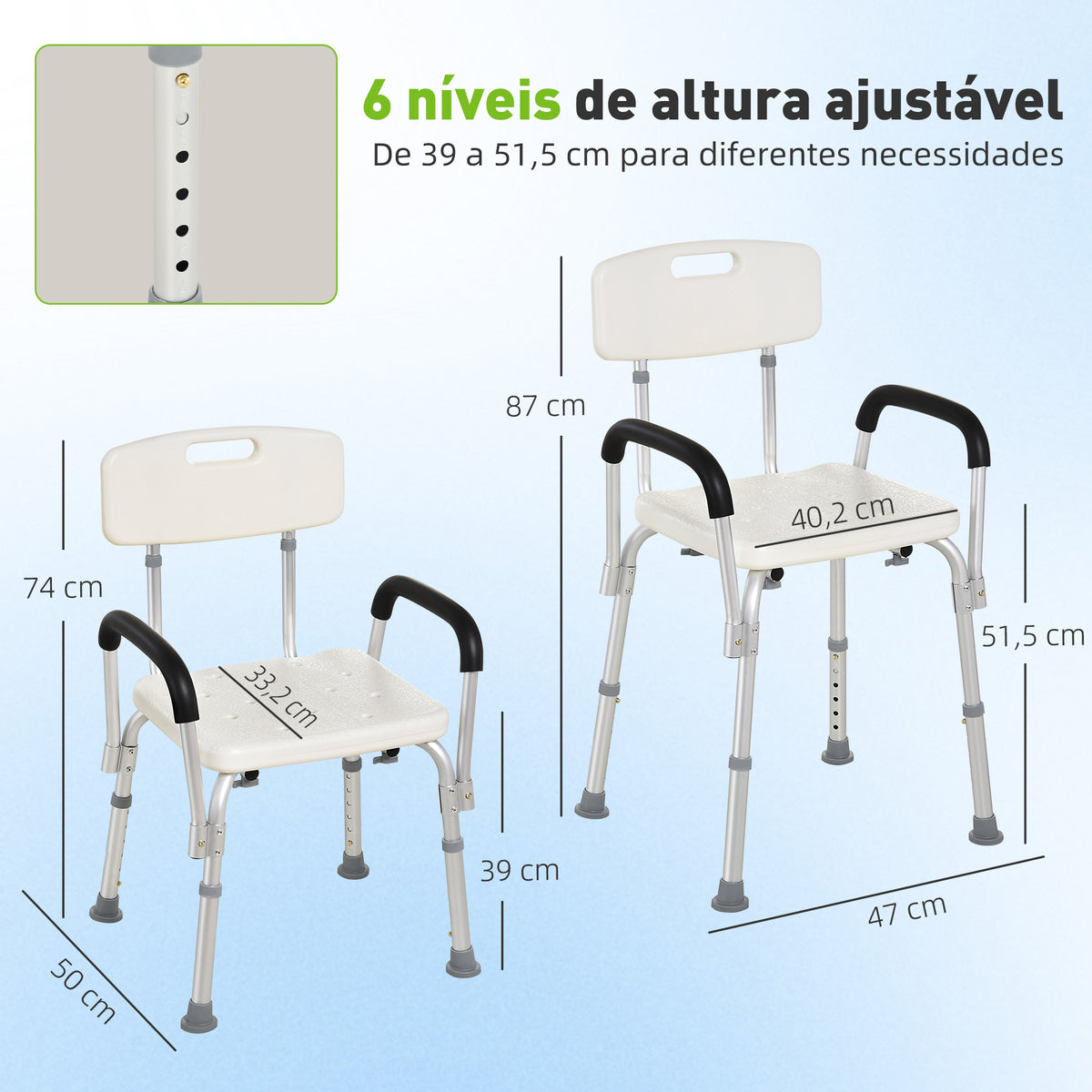 Cadeira para Duche Antiderrapante com Altura Ajustável em 6 Níveis Cadeira de Banho com Apoio para os Braços Amovíveis 47x50x74-87 cm Branco — foto 3