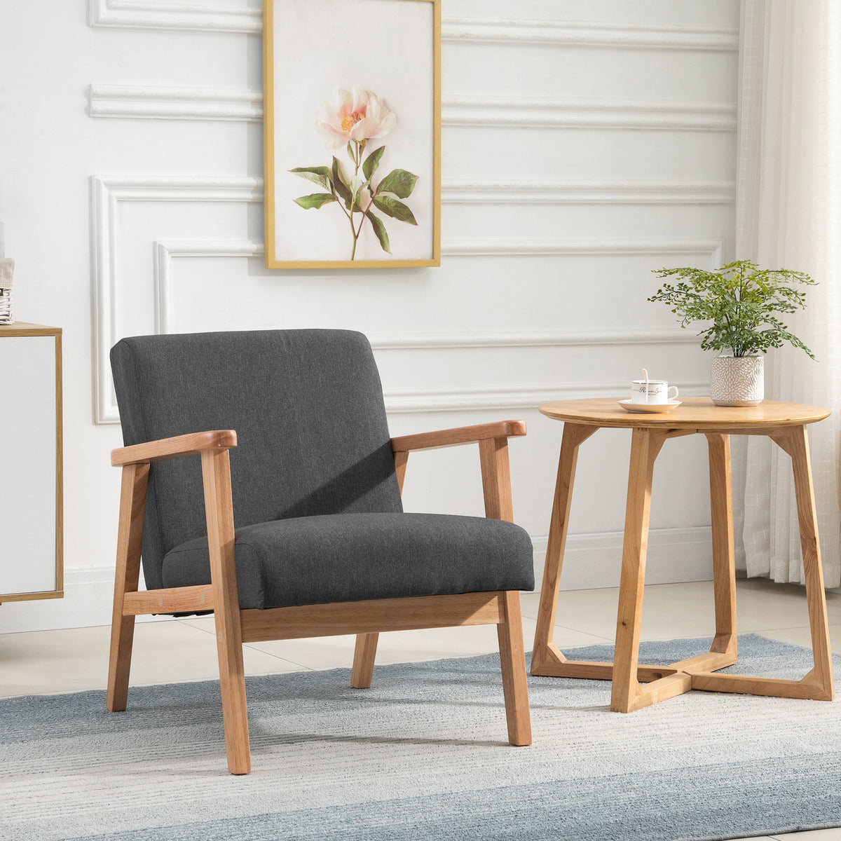 Poltrona de Dormitório Moderna Poltrona de Sala de Estar Estofada em Linho Sintético com Apoio para os Braços e Estrutura de Madeira para Sala de Estar 68,5x78,5x75 cm Cinza e Madeira — foto 2