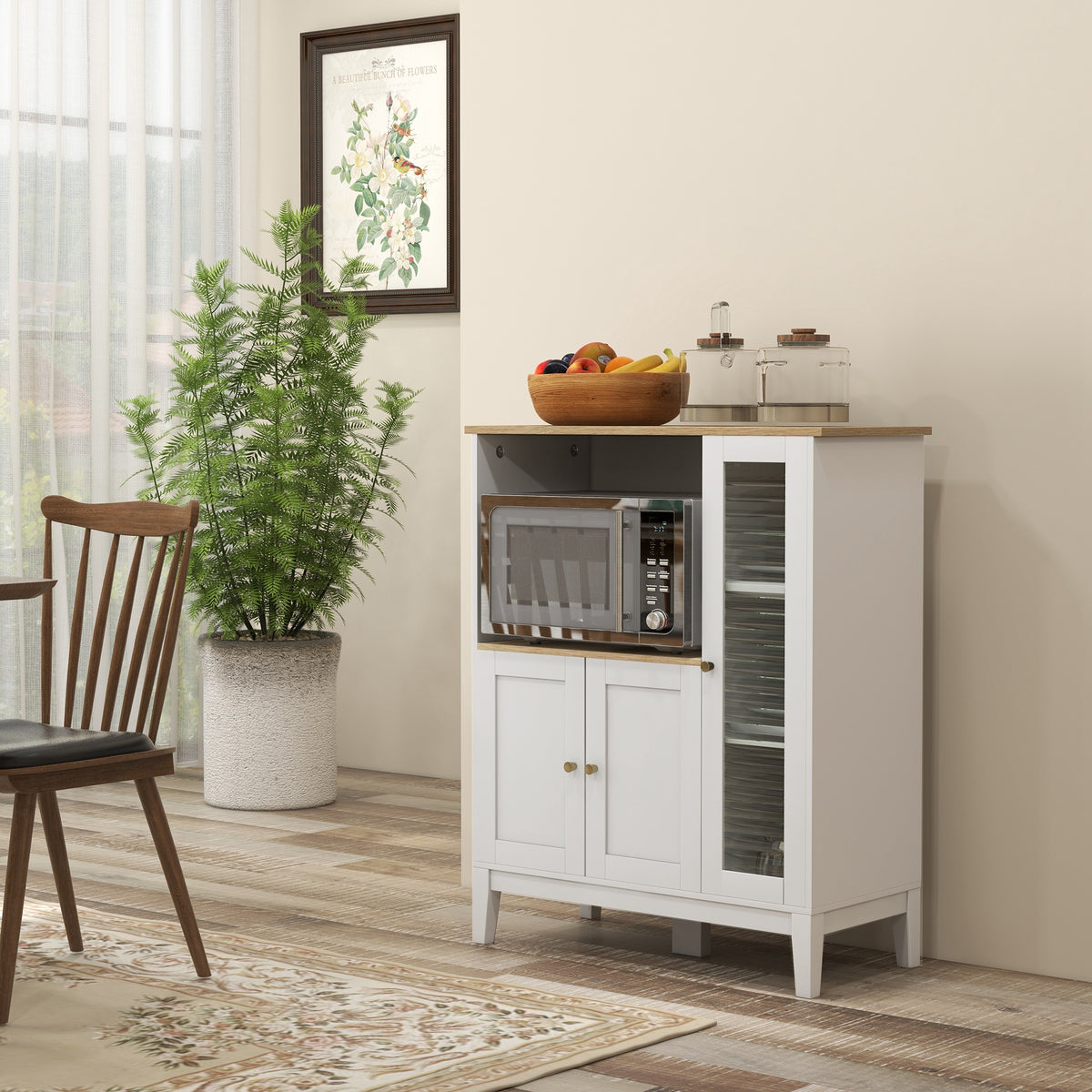 Móvel Auxiliar de Cozinha Moderno Móvel para Micro-Ondas Móvel de Cozinha com Prateleiras 3 Portas Compartimento Aberto Sistema Anti-Tombo para Sala de Jantar 80x35x97 cm Branco — foto 2