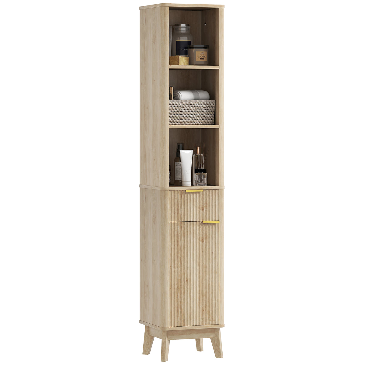 Coluna de Casa de Banho Móvel de Casa de Banho Estreito com Porta Canaleda Gaveta 3 Compartimentos Abertos e Prateleiras Ajustáveis Armário Alto de Casa de Banho Moderno 33x30x170 cm Madeira — foto 1
