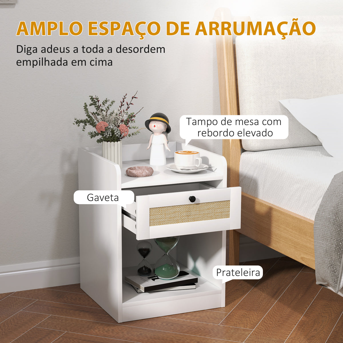 Conjunto de 2 Mesas de Cabeceira Mesas de Cabeceira para Dormitório com Gaveta em Vime Mesa de Cabeceira para Dormitório 40x40x53 cm Branco — foto 4