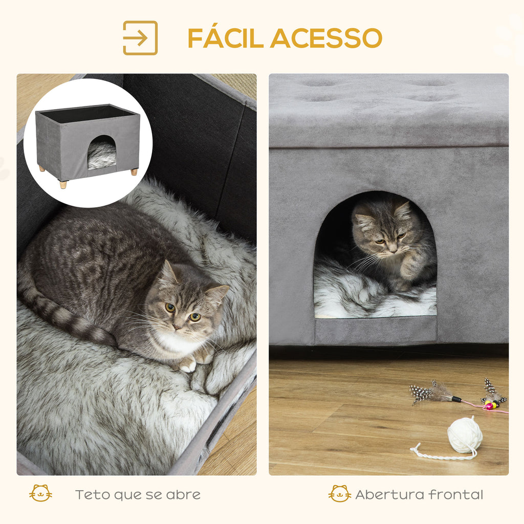 Caverna para Gatos 2 em 1 Banco para Apoio dos Pés com Tampa Removível Orifício de Entrada Almofada Lavável e Pés Elevados de Madeira para Interior 60x45x44,5cm Cinza — foto 5