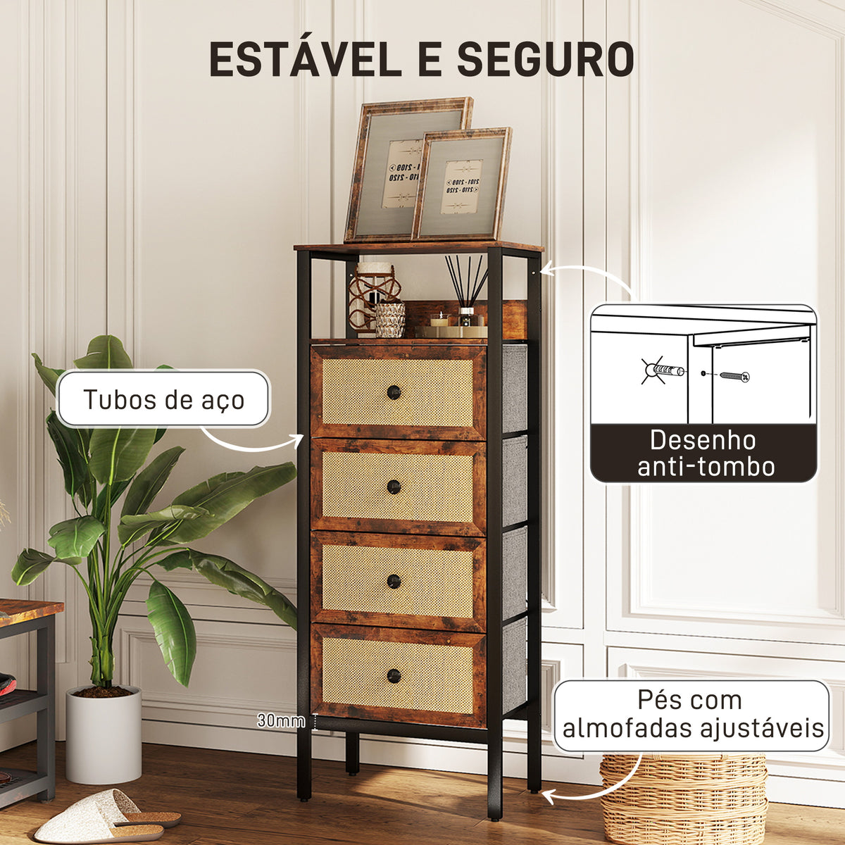 Cómoda de Tecido Cómoda para Dormitório com 4 Gavetas com Frente em Vime Prateleira e Estrutura em Aço para Sala de Estar 50x30x126 cm Marrom Rústico — foto 6