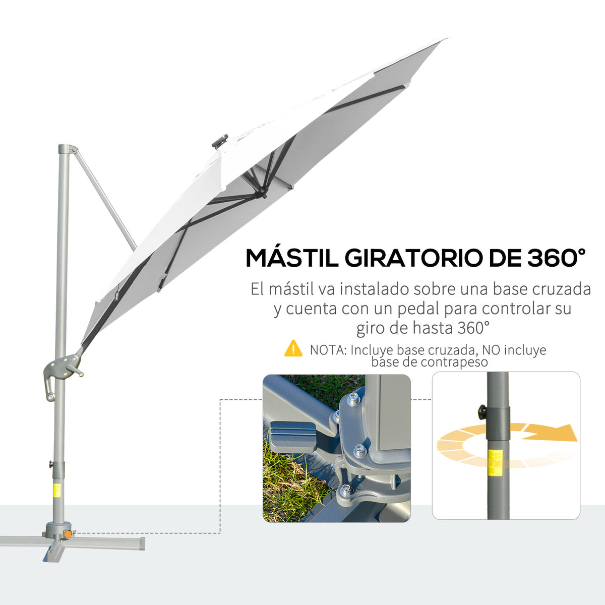Chapéu de Sol Excêntrico Φ300x248cm com Proteção UV 50+ Giratório 360º com Manivela Luzes LED Painel Solar e Teto Reclinável Branco — foto 6