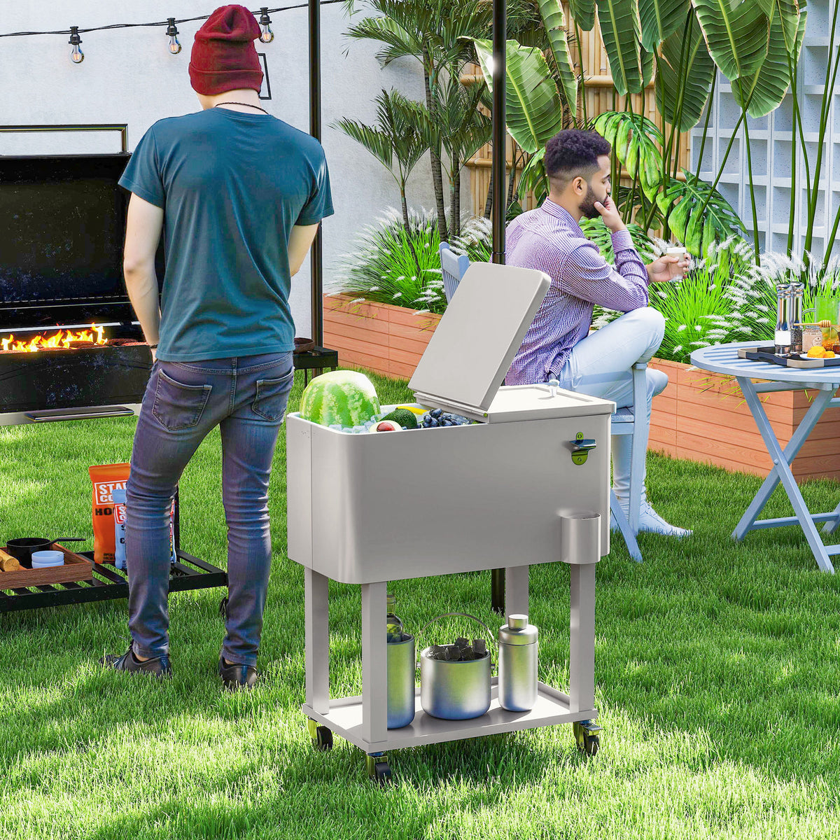 Carrinho Refrigerador de Bebidas de 56L Carrinho Refrigerador com Rodas Abridor de Garrafas e Prateleira para Pátio Festas Terraço Praia 67x35x80 cm Cinzento Claro — foto 2