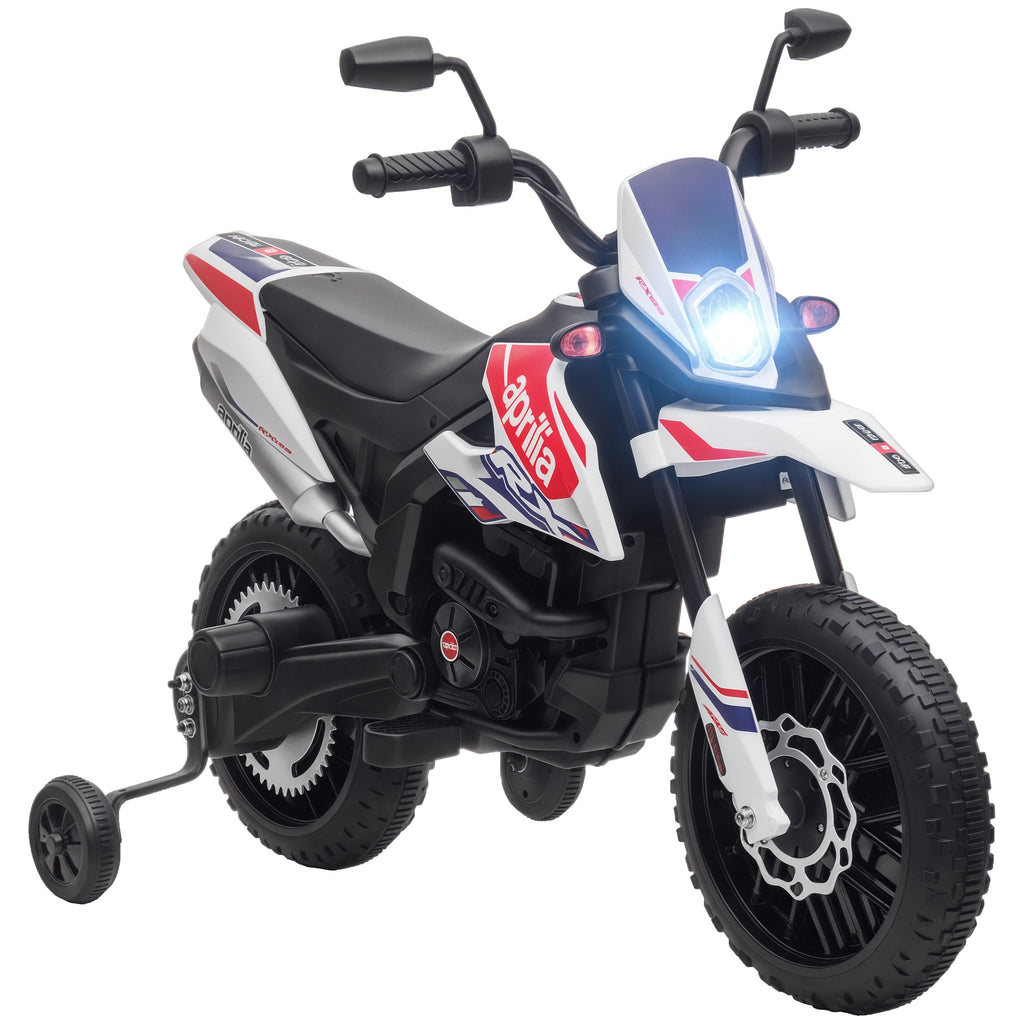 Mota Elétrica Infantil com Licença Oficial Aprilia 12V 25W Rodas de Apoio Removíveis Farol Música Porta USB e Amortecedor Traseiro Branco — foto 1