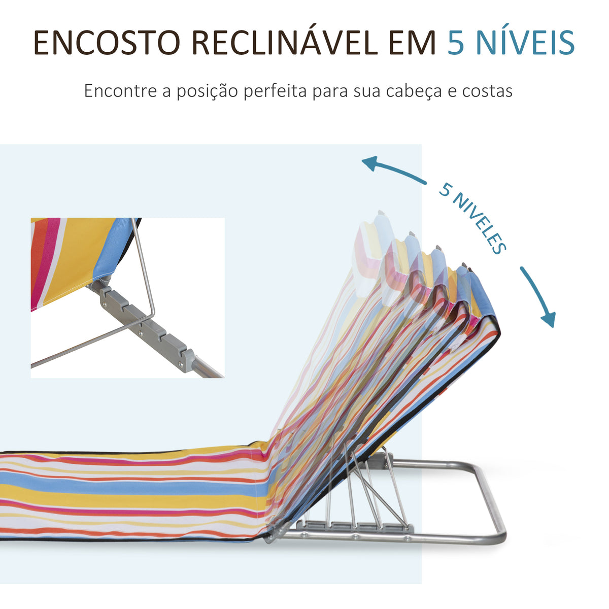 Conjunto de 2 Esteiras de Praia Dobráveis 124x53x50cm com Encosto Ajustável e Apoio para a Cabeça Esteira de Praia Tecido Oxford Aço com Bolsa de Transporte Multicor — foto 4