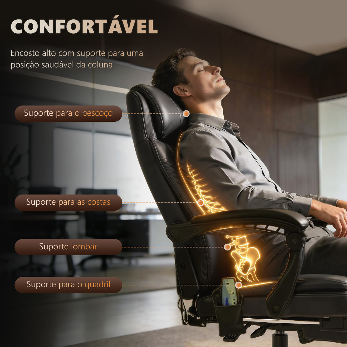Cadeira de Massagem com 7 Pontos de Massagem Cadeira de Escritório Reclinável com Altura Ajustável Apoio para os Pés e Controlo Remoto 67x79x111-121 cm Preto — foto 5