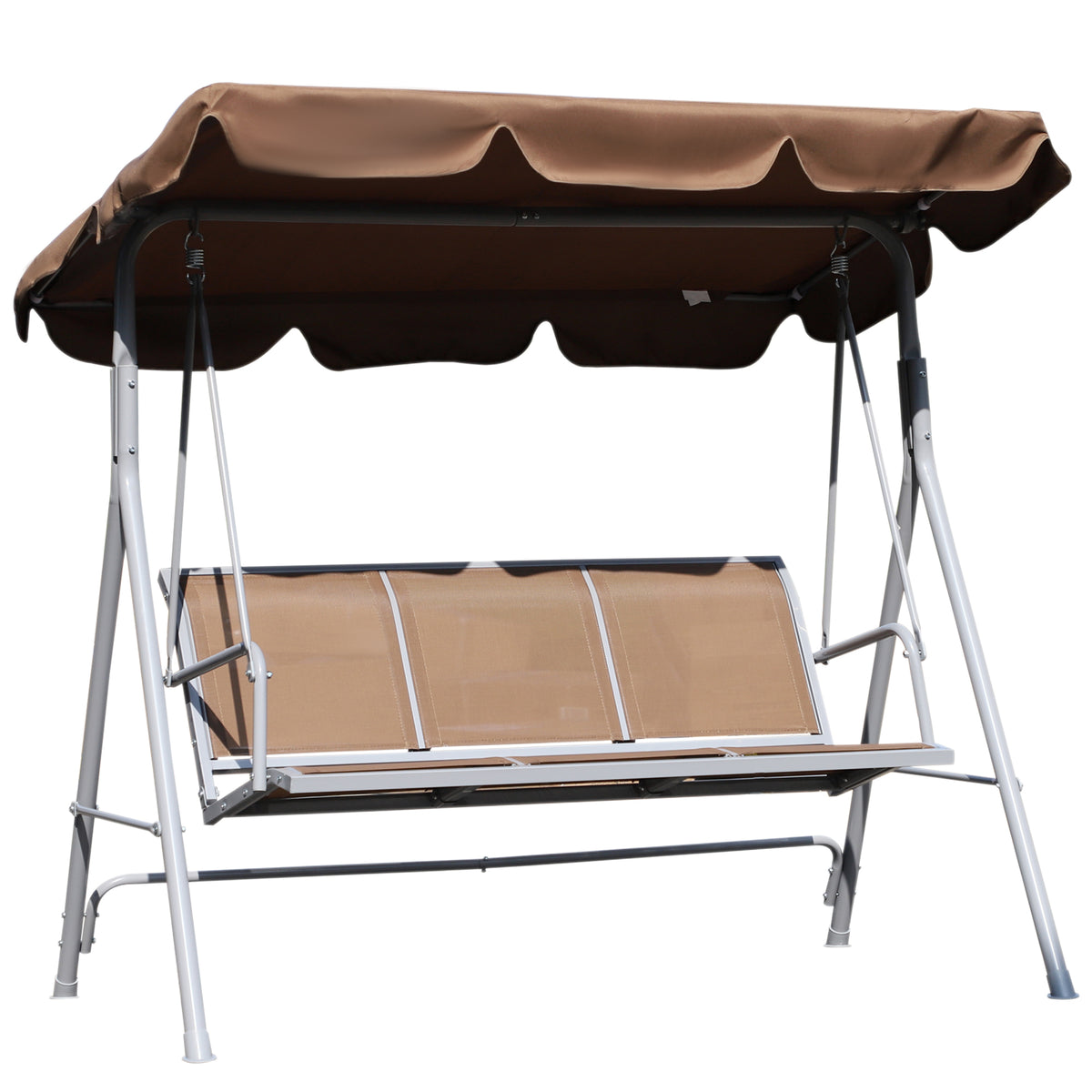 Baloiço Jardim de 3 Lugares com Toldo Ajustável Encosto Respirável e Estrutura de Metal para Terraço Balcão Exterior Carga 200kg 171x108x154cm Marrom — foto 1
