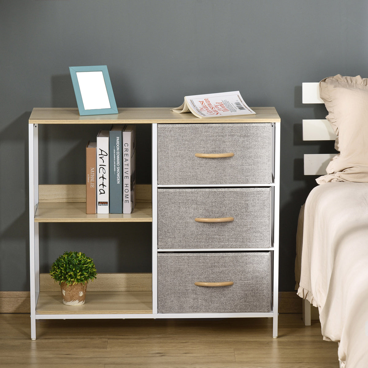Cómoda de Estilo Industrial com Gavetas de Tecido Dobráveis e 2 Prateleiras para Dormitório Sala de Estar Corredor 80x29x71 cm Madeira e Cinza Claro — foto 2