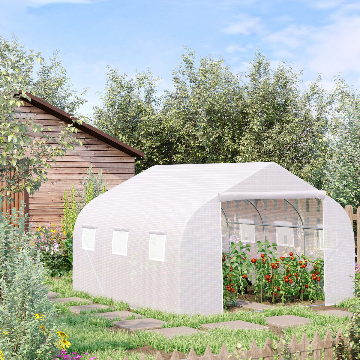 Estufa Tipo Túnel 445x299x200cm com Porta Enrolável 6 Janelas Estufa para Cultivo de Plantas Verduras Branco — foto 2