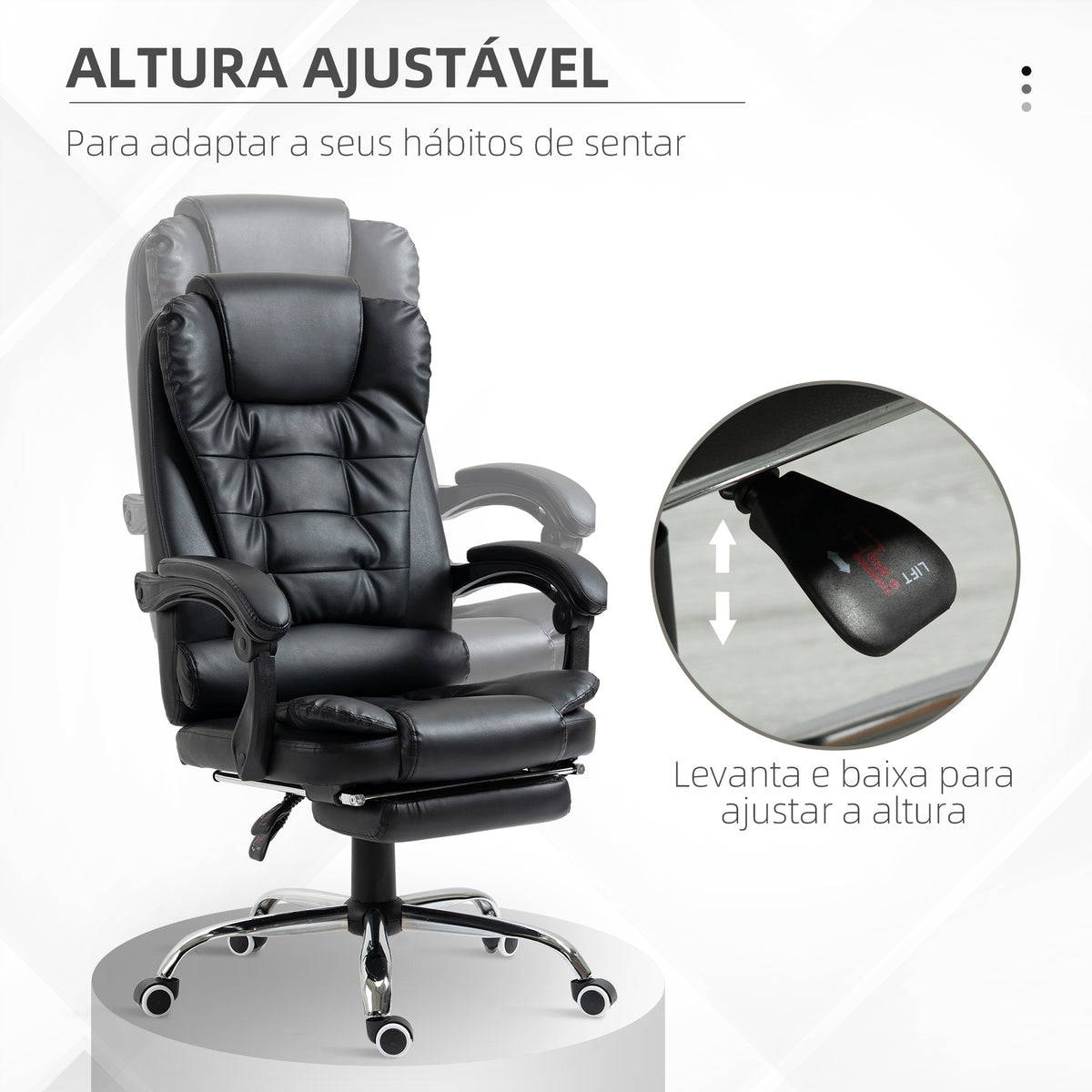 Cadeira de Escritório Reclinável Cadeira de Escritório com Apoio para os Pés Cadeira Executiva Giratória com Altura Ajustável Estofada em PU e Apoio para os Braços 64,5x69x109-117 cm Preto — foto 4
