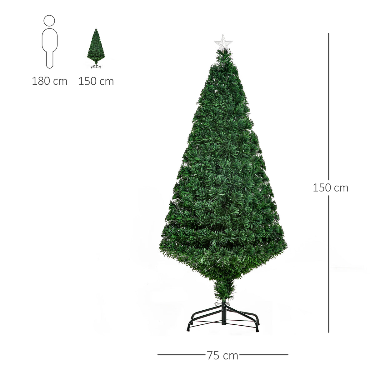 Árvore de Natal Artificial 150 cm Árvore de Natal com Fibra Óptica e Suporte Metálico Decoração de Natal Ø75x150 cm Verde — foto 3