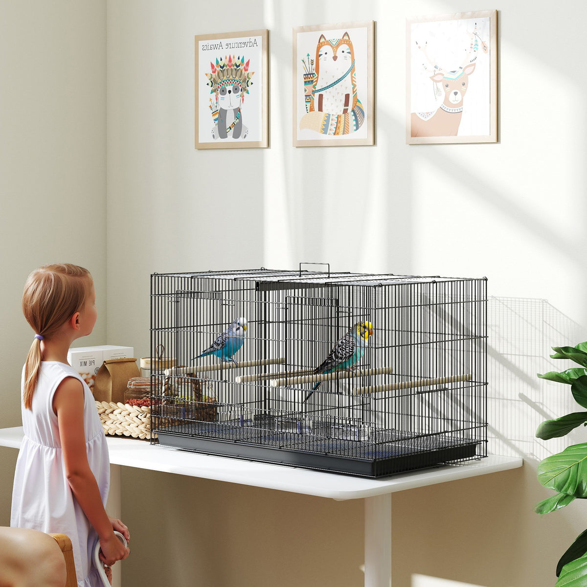 Gaiola para Pássaros com Divisória Gaiola para Aves com 4 Comedouros 4 Poleiros e Bandeja Amovível Gaiola para Canários Periquitos 76x46x46 cm Preto — foto 2