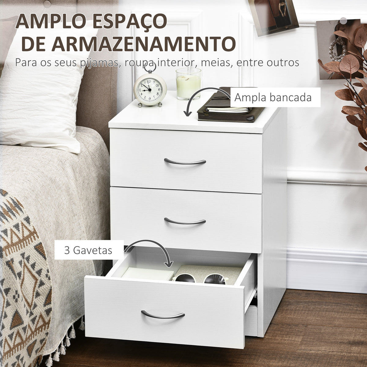 Mesa de Cabeceira Moderna Mesa de Cabeceira com 3 Gavetas e Puxadores de Alumínio para Dormitório 40x35x58 cm Branco — foto 4