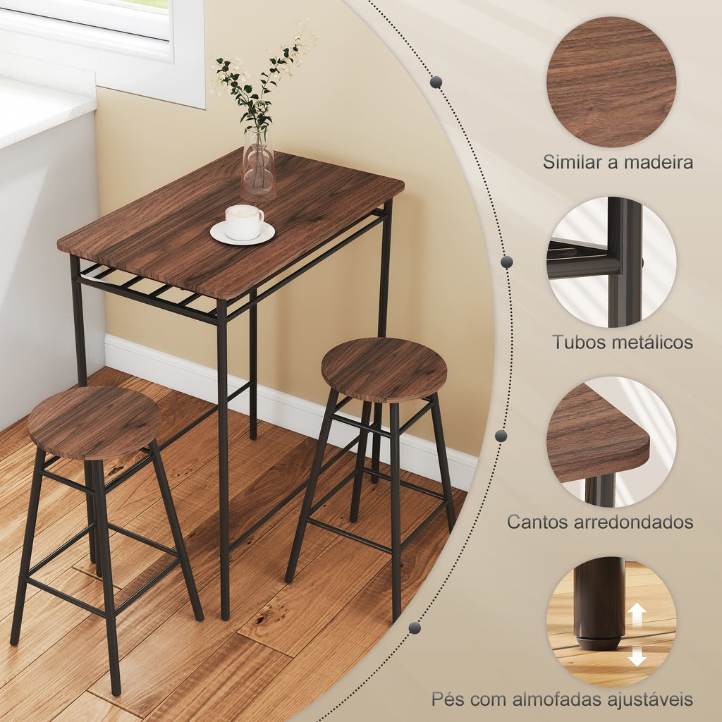 Conjunto de Mesa e Bancos de Bar Mesa Alta de Cozinha com 2 Bancos Industrial Prateleira Aberta Apoio para Pés Economia de Espaço para Espaços Reduzidos Sala de Estar Castanho — foto 7