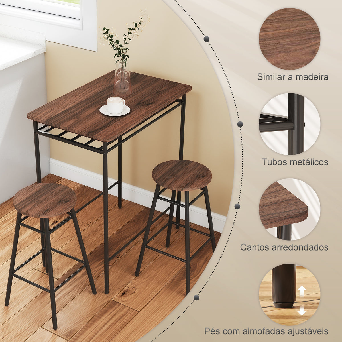 Conjunto de Mesa e Bancos de Bar Mesa Alta de Cozinha com 2 Bancos Industrial Prateleira Aberta Apoio para Pés Economia de Espaço para Espaços Reduzidos Sala de Estar Castanho — foto 7