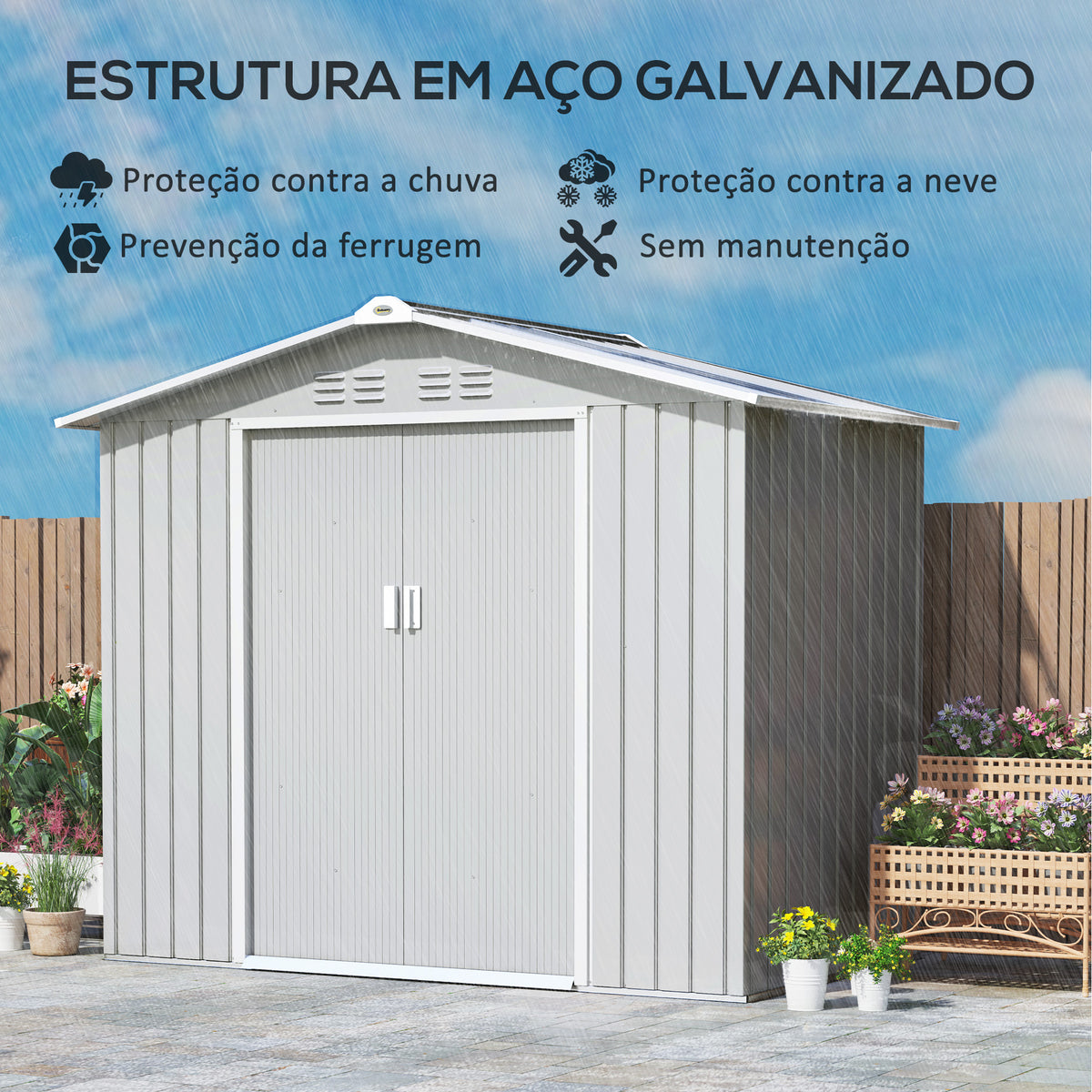 Abrigo de Jardim 2,42 m 213x130x185 cm Abrigo de Jardim Metálico de Exterior para Armazenamento de Ferramentas com 2 Portas Deslizantes e 4 Janelas para Terraço Cinza Claro — foto 4