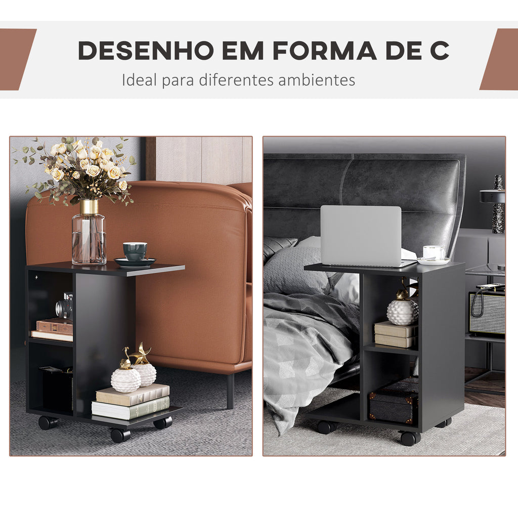 Mesa Auxiliar Moderna Mesa Auxiliar em Forma de C com Rodas e Prateleiras Abertas para Sala de Estar Dormitório 45x35x58 cm Preto — foto 5