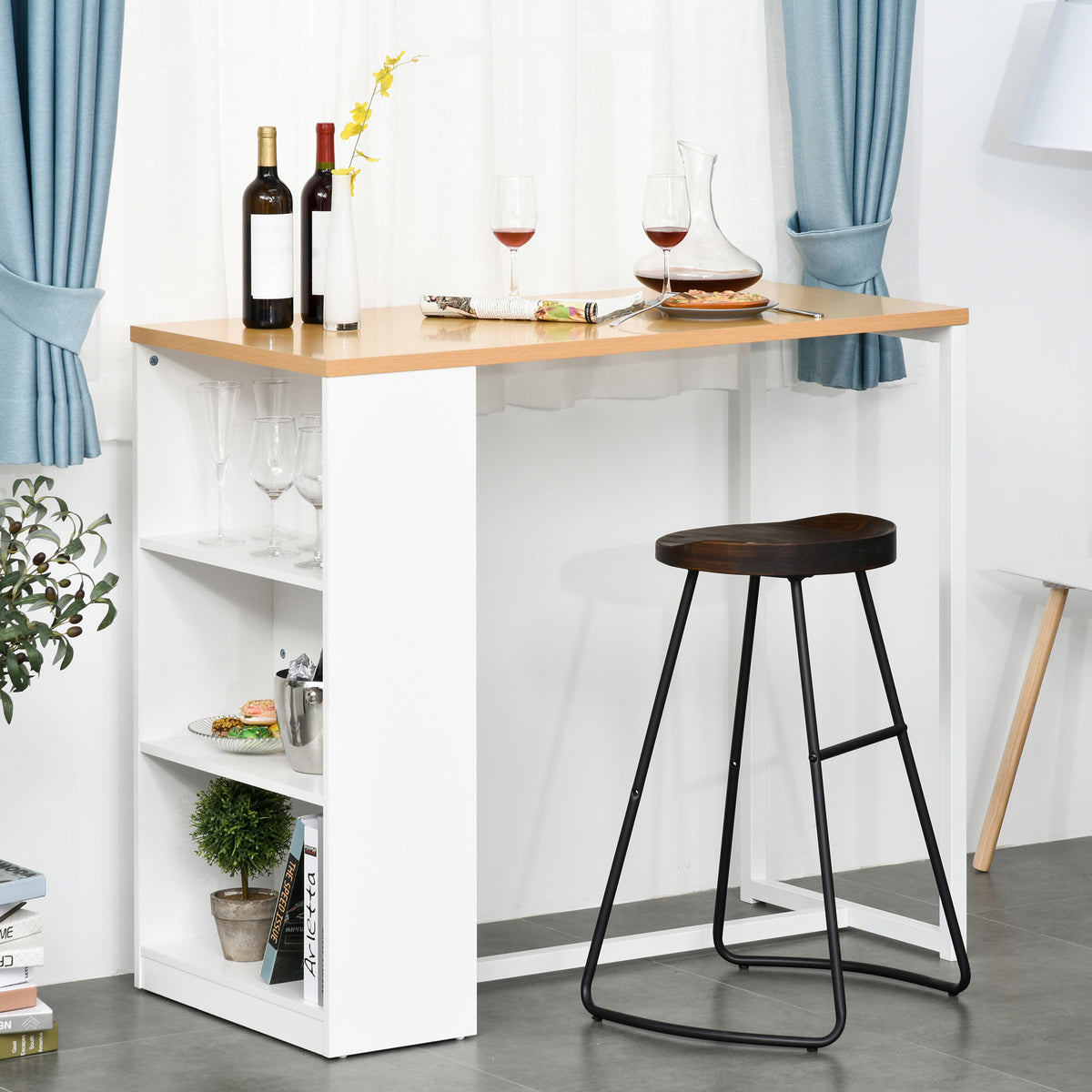 Mesa de bar Bistrô Mesa alta para jantar com 3 prateleiras Estrutura metálica Carga 100 kg 115x55x100 cm Branco e Carvalho — foto 2