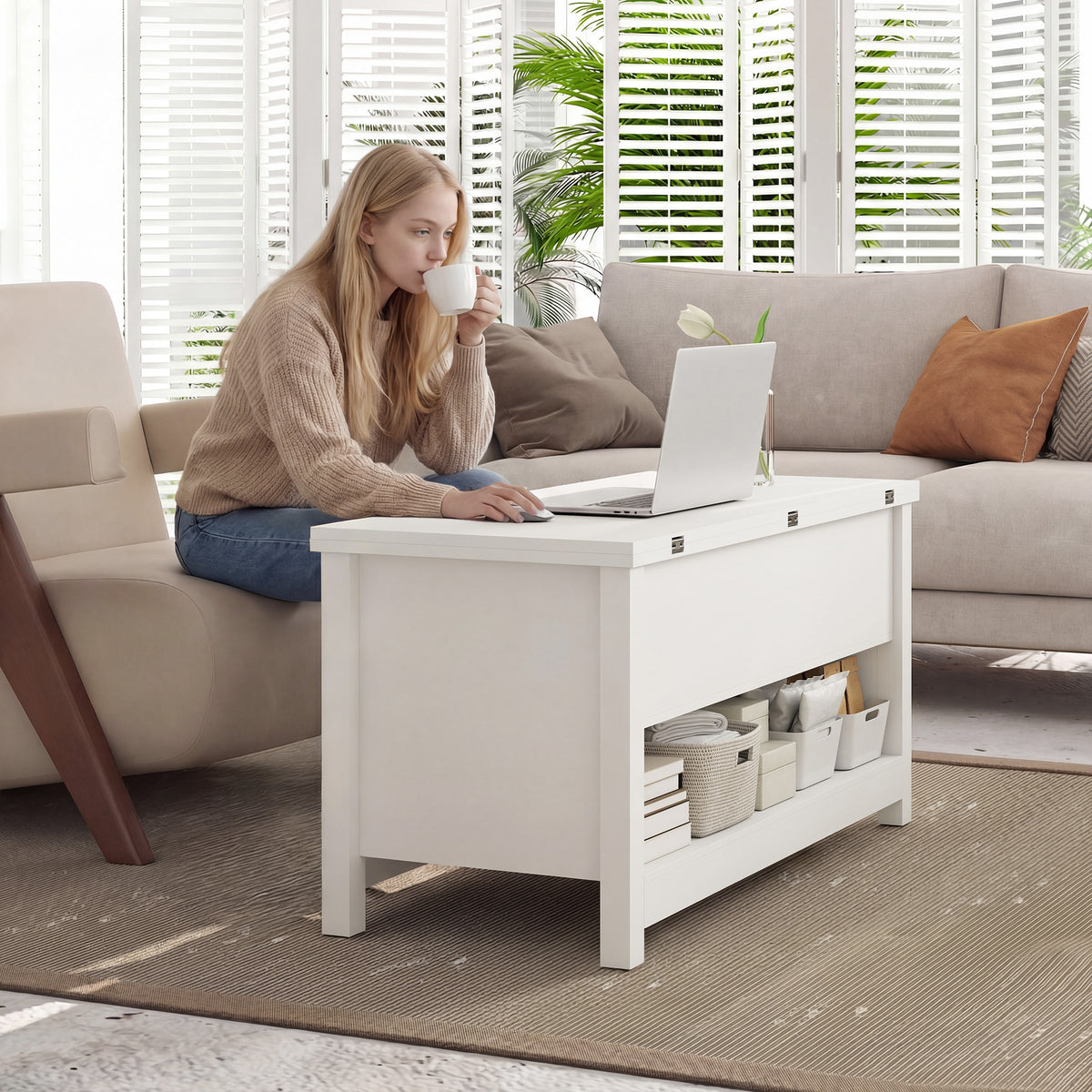 Mesa de Centro Elevatória e Extensível com Compartimentos Ocultos e Prateleira Aberta para Sala de Estar Escritório 100x90x64 cm Branco — foto 7
