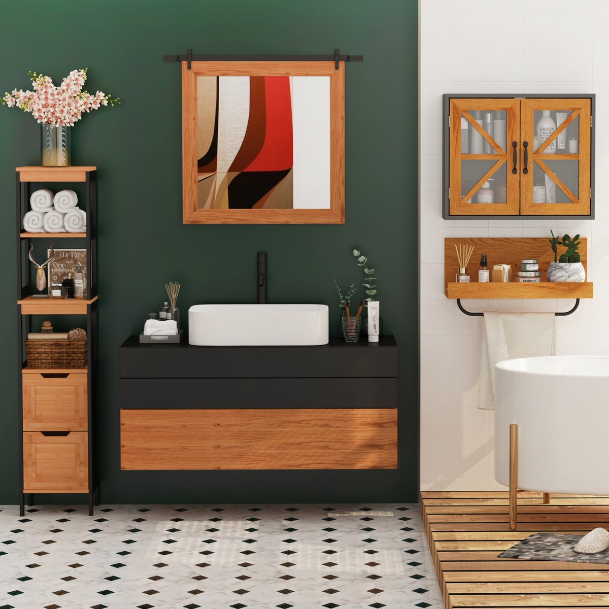Coluna Casa de Banho com 3 Prateleiras e 2 Gavetas Armário Alto para Casa de banho Estilo Moderno 30x30x144,3 cm Madeira e Preto — foto 2