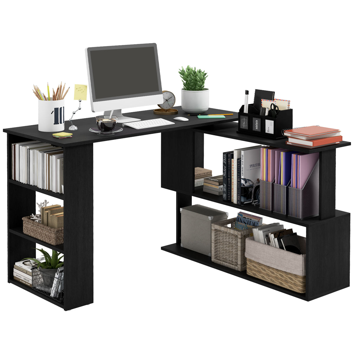 Mesa de Computador Secretária Mesa de Canto Giratória 360° com 5 Prateleiras para Casa Escritório Preto — foto 1