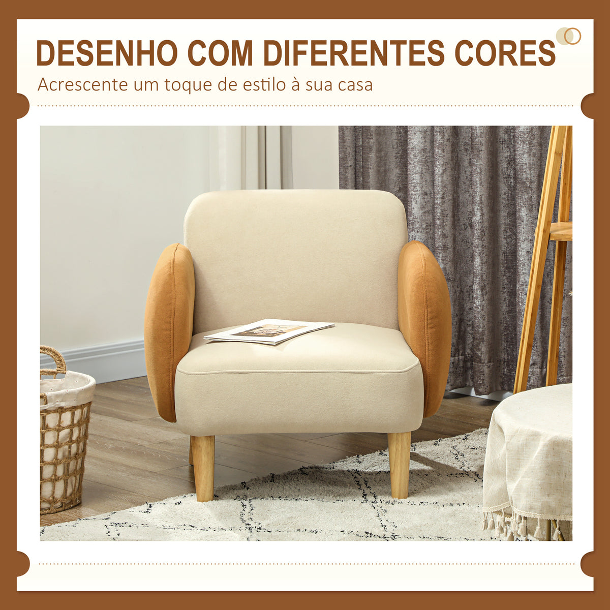 Poltrona de Sala Estofada em Veludo com Apoios de Braço e Pernas de Madeira Poltrona Compacta 120 kg para Quarto Escritório 72x76x74 cm Creme — foto 4
