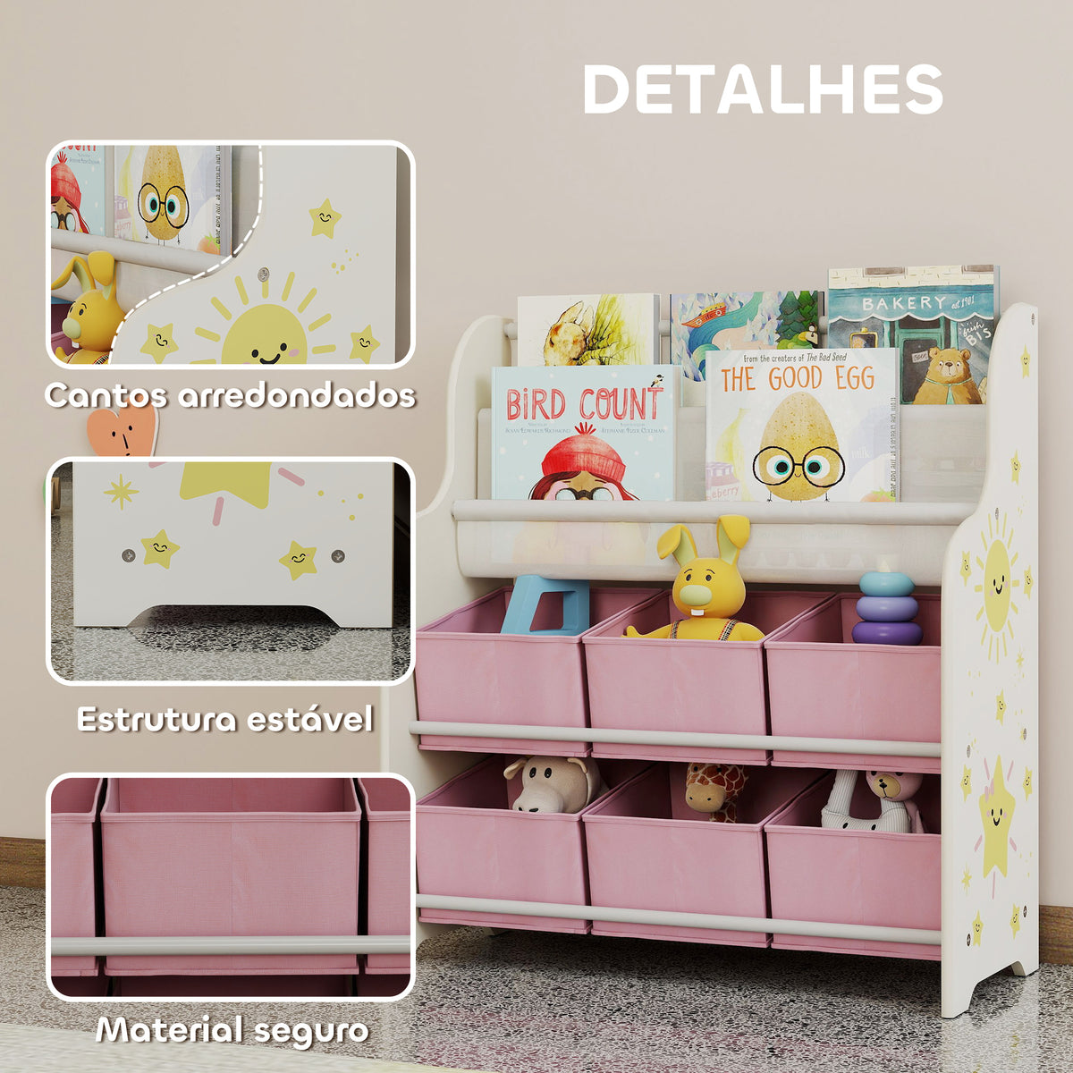 Estante Infantil para Brinquedos com 6 Caixas de Tecido Não Tecido Organizador de Brinquedos com 2 Prateleiras para Quarto Infantil Sala de Brincar Escola Infantil 63x30x71 cm Rosa — foto 5