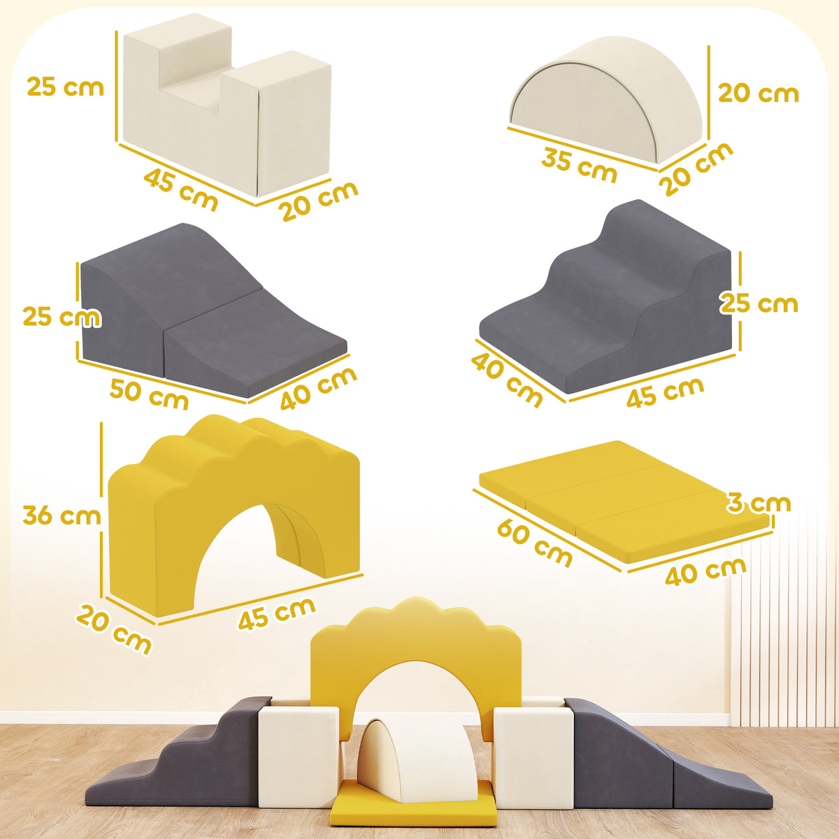 Conjunto de 7 Blocos de Espuma para Crianças Blocos de Psicomotricidade Figuras de Construção Brinquedo para Aprendizagem para Escalar e Rastejar Amarelo — foto 3