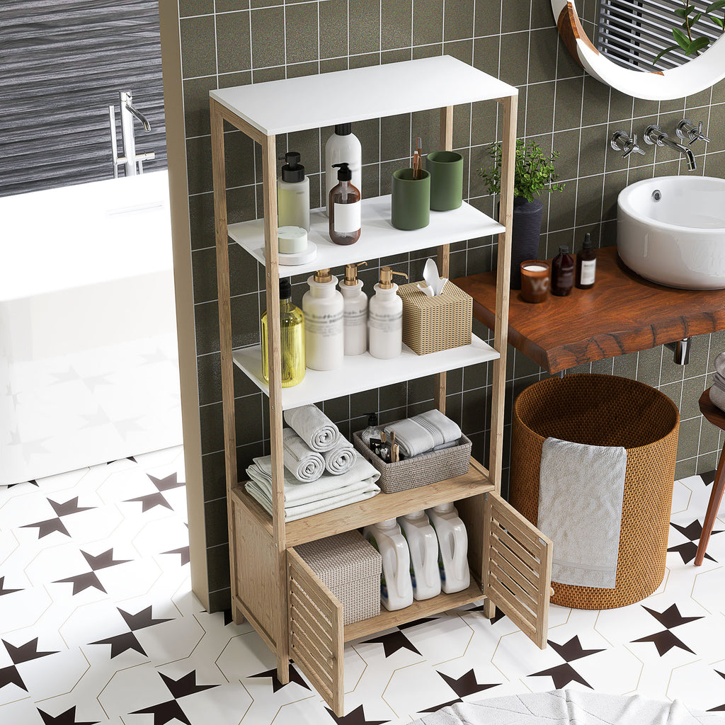 Estante para Casa de Banho de Bambu com 3 Prateleiras Abertas Estante de Arrumação Casa de Banho com Portas Ripadas 63x30x138 cm Madeira e Branco — foto 8