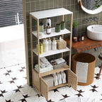 Estante para Casa de Banho de Bambu com 3 Prateleiras Abertas Estante de Arrumação Casa de Banho com Portas Ripadas 63x30x138 cm Madeira e Branco — foto 8