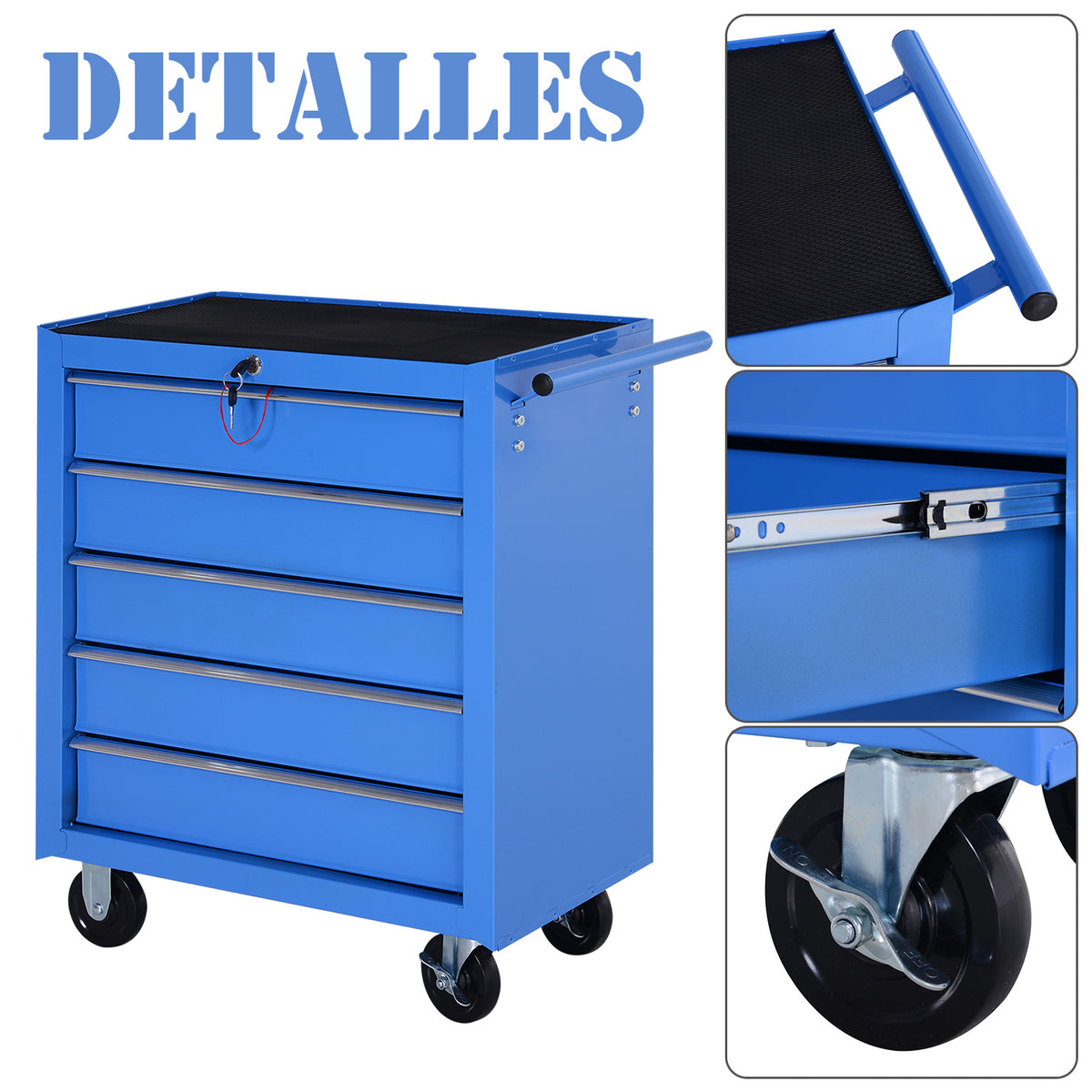 Carrinho de Ferramentas para Oficina com Rodas e 5 Gavetas Fechadura e Alça Lateral 67,5x33x77 cm Azul — foto 5
