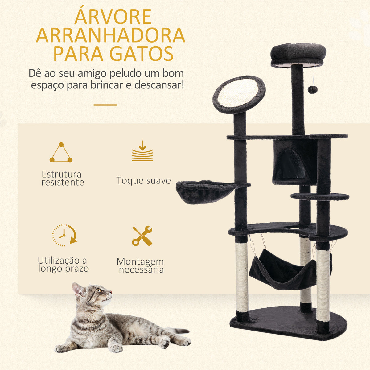 Árvore Arranhador para Gatos Grande Altura 153cm Torre de Escalada para Gatos com Caverna Redes Plataformas Postes Arranhadores de Sisal e Bola Suspensa Cinza Escuro — foto 4