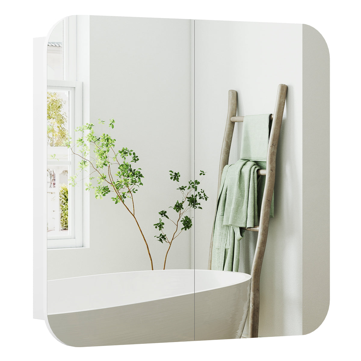 Armário de Casa de Banho com Espelho Design com Bordas Curvas Armário de Parede Móvel de Casa de Banho para Pendurar 2 Portas Prateleiras Ajustáveis 68x13x66 cm Branco — foto 1