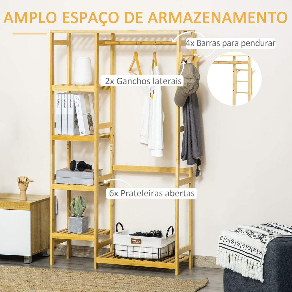 Suporte para Cabides de Bambu Cabideiro com Prateleiras de 4 Níveis com Barra Prateleira Inferior e Cabide Lateral para Roupas Bolsas 90x30x155cm Madeira — foto 4