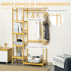 Suporte para Cabides de Bambu Cabideiro com Prateleiras de 4 Níveis com Barra Prateleira Inferior e Cabide Lateral para Roupas Bolsas 90x30x155cm Madeira — foto 4