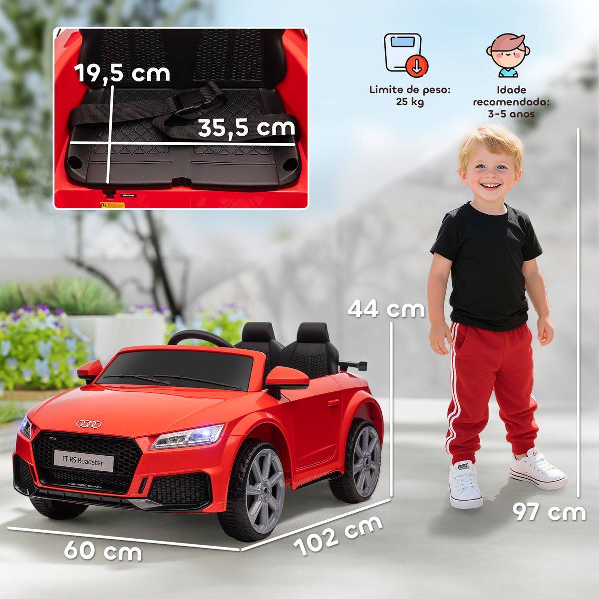 Carro Elétrico Audi TT para Crianças acima de 3 Anos com Controlo Remoto Música e Luzes Bateria 12V Abertura da Porta 102x60x44 cm Vermelho — foto 3