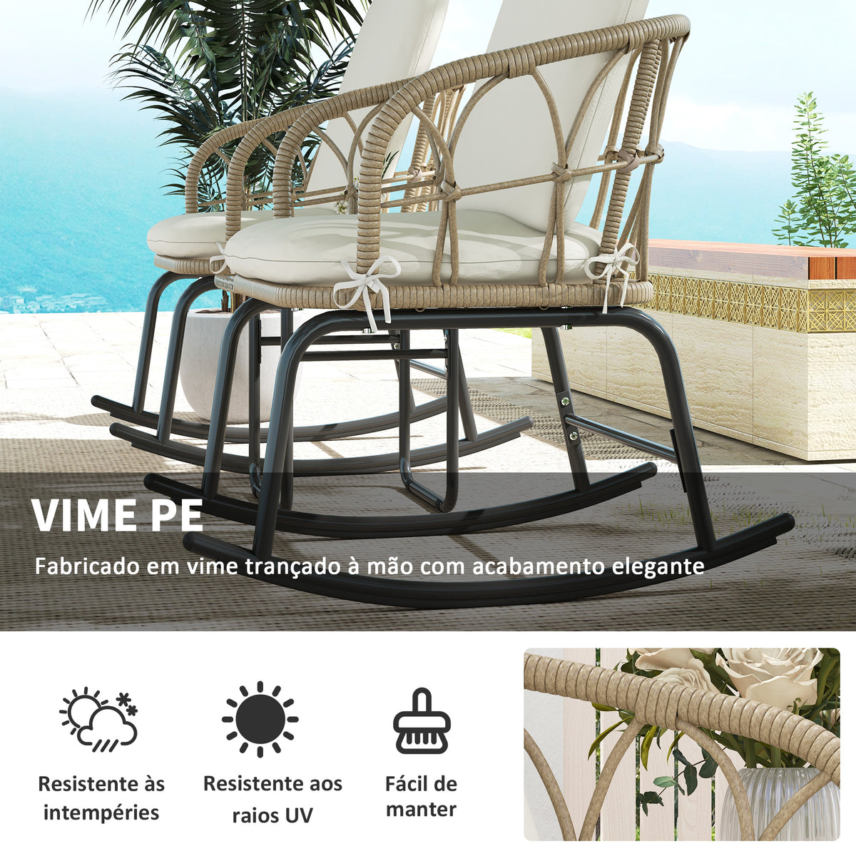 Conjunto de Móveis de Vime de 3 Peças Conjunto de Cadeiras de Baloiço de Jardim com 1 Mesa de Centro 2 Cadeiras de Baloiço e Almofadas para Jardim Varanda e Pátio Creme e Bege — foto 5