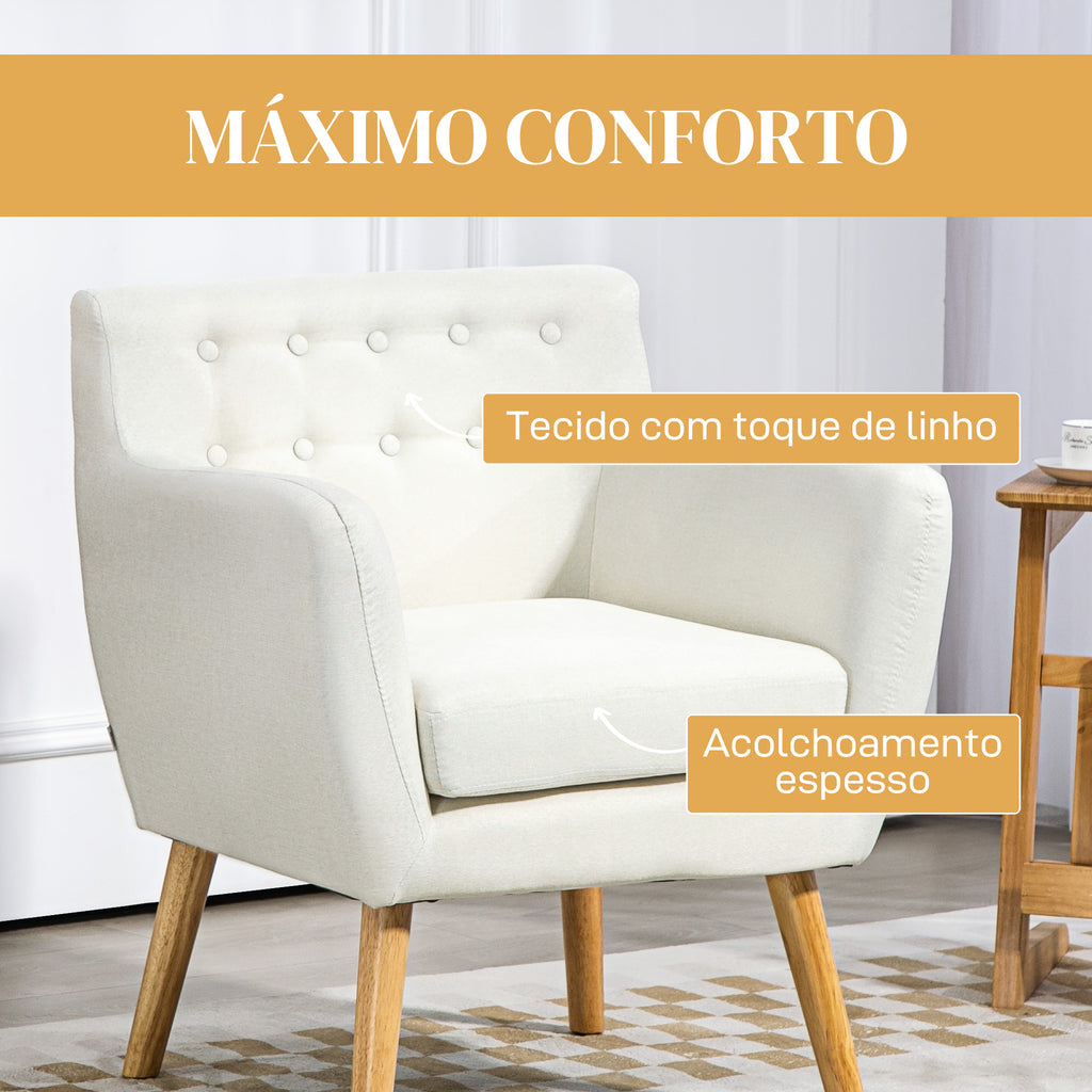 Poltrona de Sala de Estar Poltrona para Dormitório com Apoio para os Braços e Pés de Madeira Sofá Individual Carga 125 kg para Escritório Sala de Estar 68x58,5x76 cm Creme — foto 5