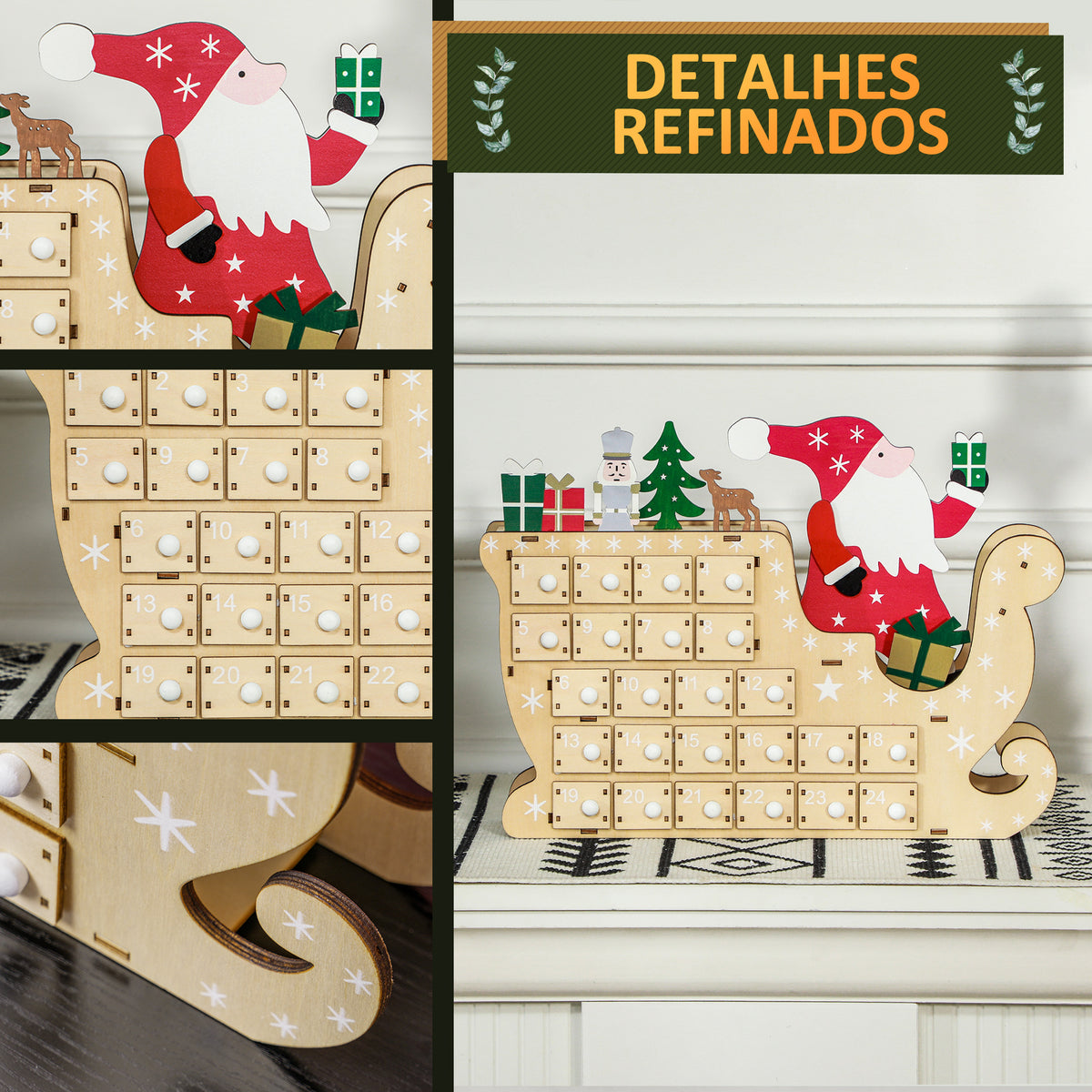 Calendário do Advento de Madeira com 24 Gavetas Calendário do Advento de Natal Decorado com Pai Natal no Trenó Decoração de Natal 22,5x8x36 cm Madeira e Vermelho — foto 5