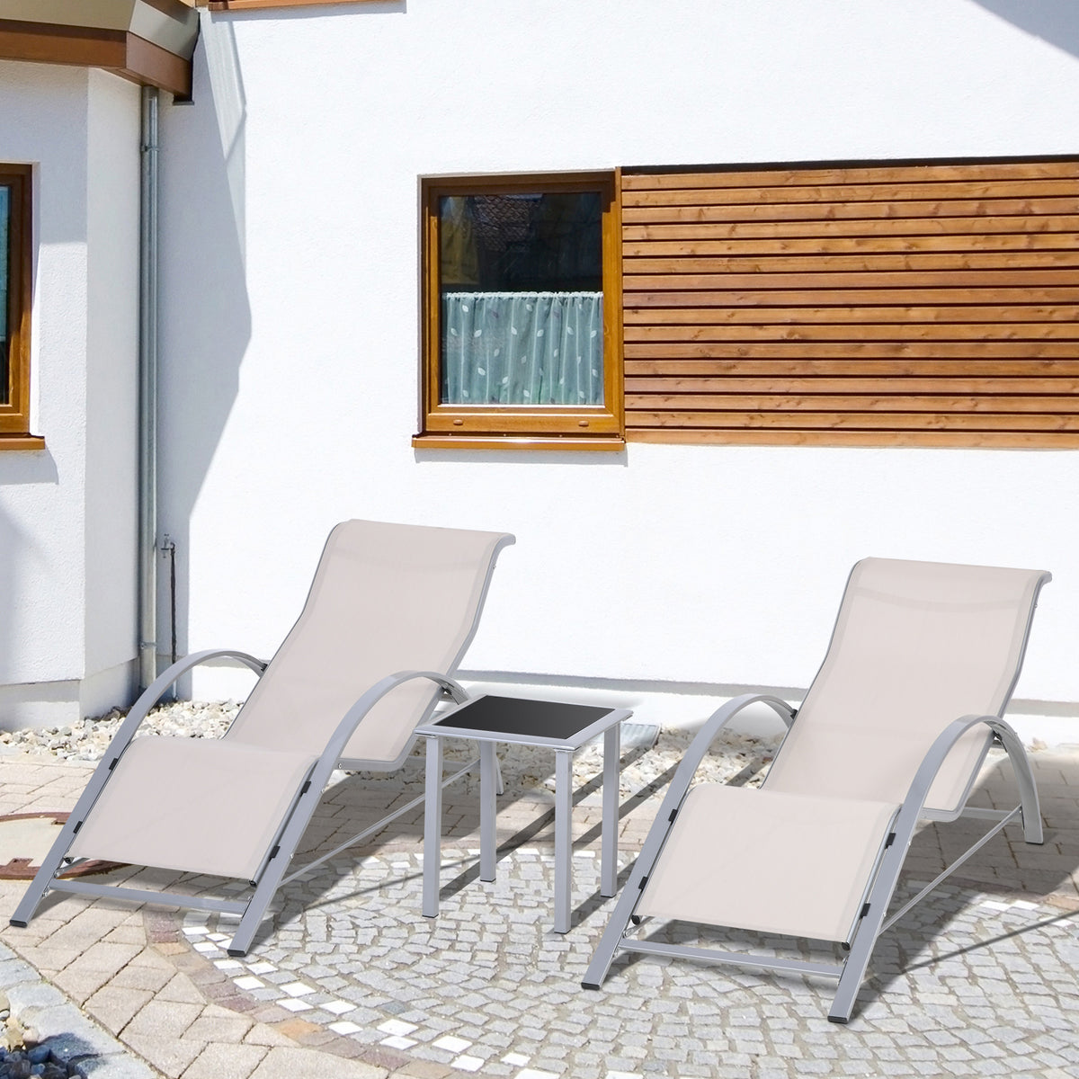 Conjunto de 2 Espreguiçadeiras de Jardim 59x169x66 cm com Mesa 41x41x45 cm Vidro Temperado Apoio de Braços para Pátio Piscina Varanda Bege — foto 2