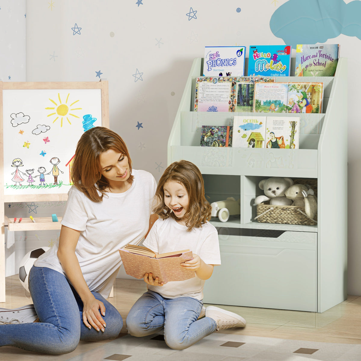 Estante de Madeira para Brinquedos com 3 Compartimentos 2 Prateleiras e Gaveta Móvel com 4 Rodas Estante para Livros Infantil para Dormitório Infantil Sala de Jogos 60x29,9x90 cm Verde — foto 2