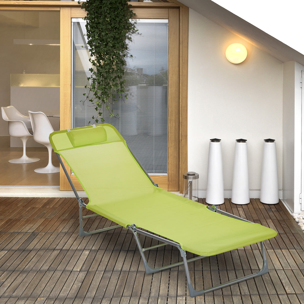 Espreguiçadeira dobrável e reclinável de jardim com apoio de cabeça e encosto ajustável em 5 níveis Tecido textilene respirável 182x56x24,5 cm verde — foto 2